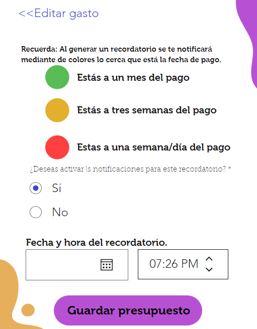Mockup Generación de Recordatorios
